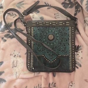 Artisan Teal and Brown Crossbody Bag